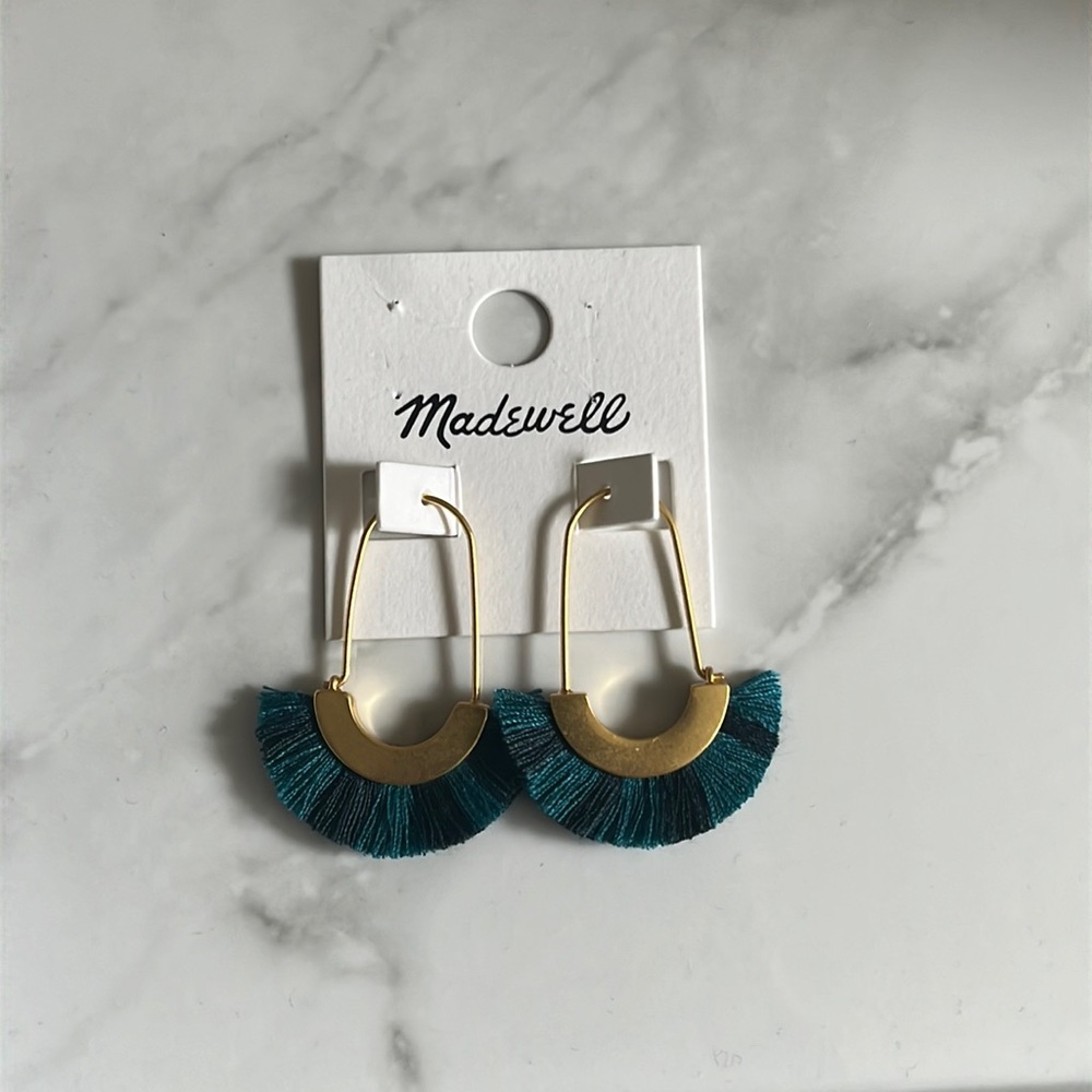MADEWELL Arch Fringe Earrings Teal and Navy Blue with Gold Hardware